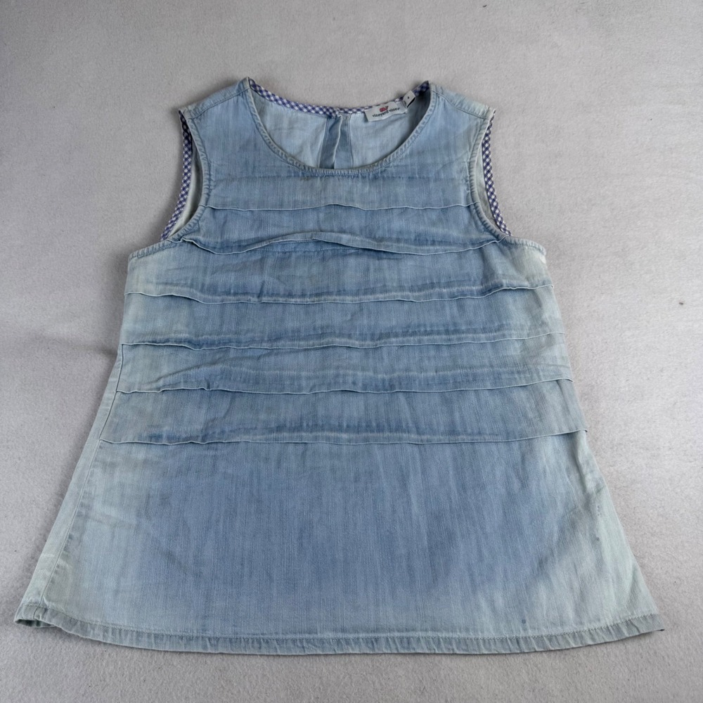 Vineyard Vines Womens Light Wash Denim Chambray Tiered Ruffle Button Back Top 4